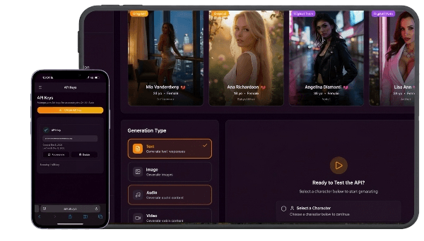 Oh API Portal showing Digital Twin character selection and content generation interface